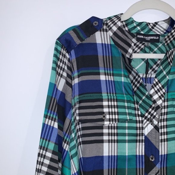 KARL LAGERFELD Paris Blue Multi Plaid Utility Shirt size Medium - Picture 3 of 10